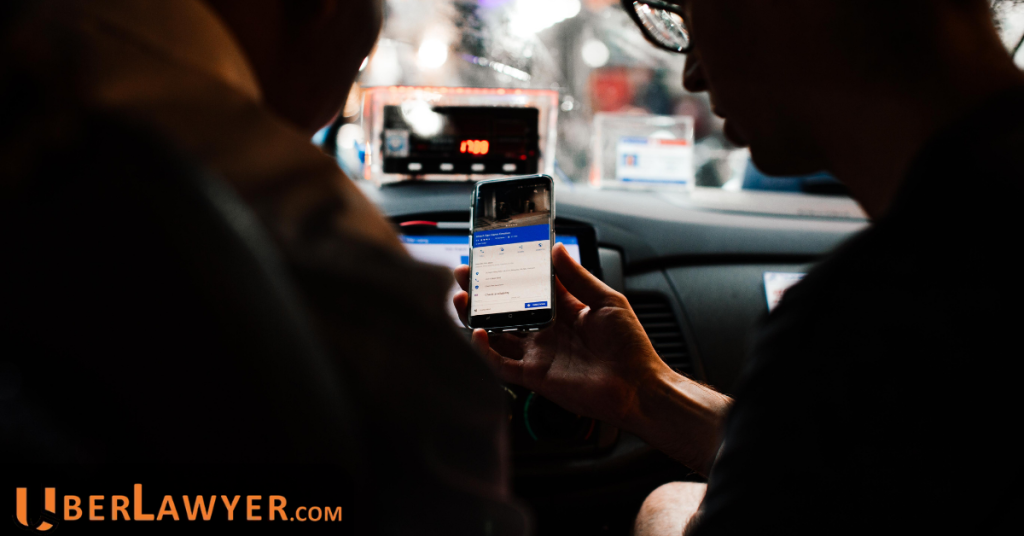 A passenger holds a smartphone showing a rideshare app inside a car at night, the kind of screenshot used to prove the driver’s app status after a crash.