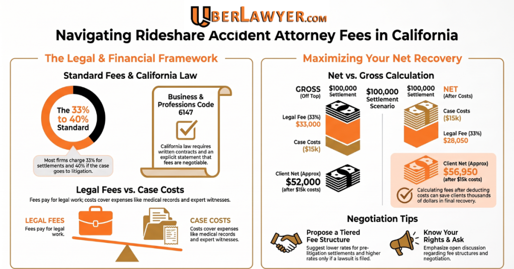 Infographic explaining California rideshare accident attorney fees, case costs, contingency percentages, and net settlement calculations.