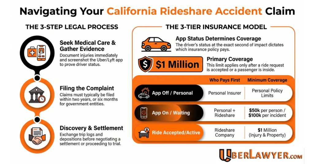 Infographic titled Navigating Your California Rideshare Accident Claim. The left side shows a three step legal process: seek medical care and gather evidence, file the complaint, then discovery and settlement. The right side shows the three tier rideshare insurance model: app off pays the driver’s personal insurer, app on and waiting pays $50,000 per person and $100,000 per incident, and ride accepted or active pays up to $1 million.