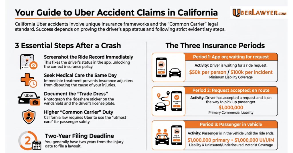 Infographic titled Your Guide to Uber Accident Claims in California, listing three steps to take after a crash, the higher common carrier duty owed to passengers, the two-year filing deadline, and the three Uber insurance periods with their minimum liability coverage