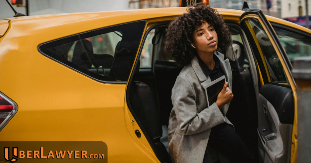 Woman stepping out of a yellow rideshare car onto a city street while holding a folder