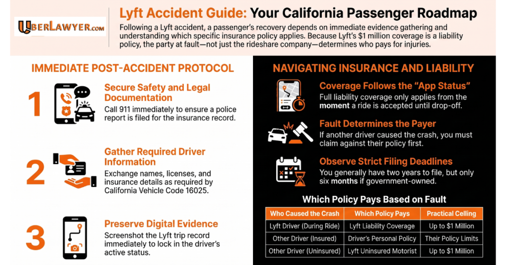 Infographic on Lyft accidents in California: what to do at the scene, how app status affects coverage, and which policy pays based on fault