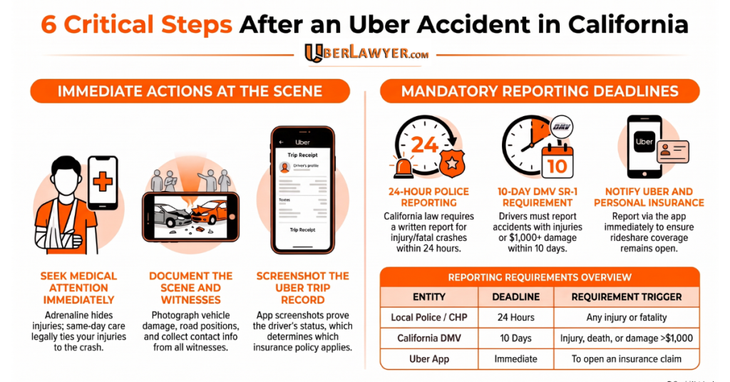 Infographic on the six steps after an Uber accident in California, with the police, DMV and Uber app reporting deadlines