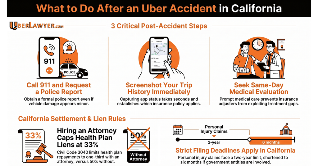 Infographic of what to do after an Uber accident in California: call 911, screenshot your trip, see a doctor the same day, plus lien limits and filing deadlines